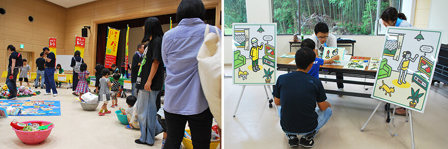 左：日本の自治体が実施したカエルキャラバン。右：プラスアーツが開発した「きせかえゲーム」。（2019年9月）