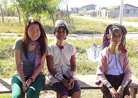 Ms. Kry, seen here with two Kayan ethnic minority women in Myanmar, said her interest in peacebuilding and feminism can be traced back to her upbringing in post-Khmer Rouge Cambodia (courtesy of Ms. Kry).